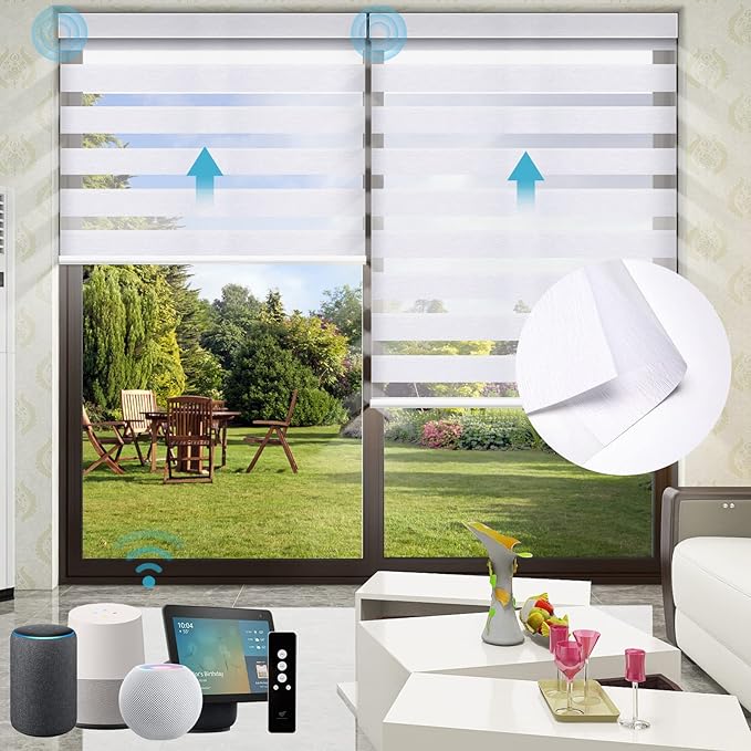 SmartWings Motorized Zebra Shades - Compatible with HomeKit, Alexa, SmartThings, Google - Remote Control Light Filtering Wireless Cordless Roller Shades - Customized Size, Fabric Sample