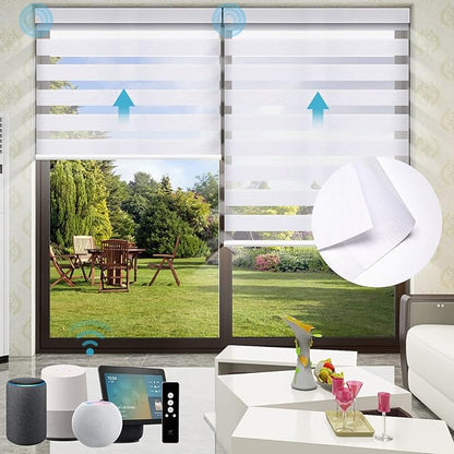 SmartWings Motorized Zebra Shades - Compatible with HomeKit, Alexa, SmartThings, Google - Remote Control Light Filtering Wireless Cordless Roller Shades - Customized Size, Fabric Sample