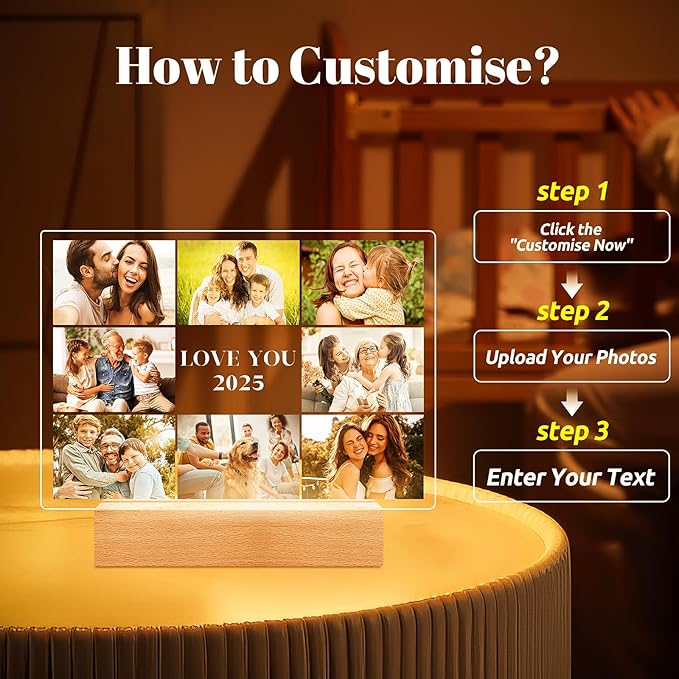 Custom Picture Frames with Photo, Personalized Photo Frame with Night Light, Customized Picture Frame, Personalized Anniversary Birthday Gifts for Women Men Mom Dad Grandma Grandpa Kids Family Friend