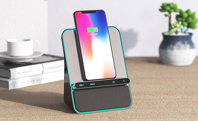 Wireless Charging Audio Dock by Azpen with Dual 8 watts Bluetooth Speakers, Upgraded Microphone for Handsfree Call, Wireless Charger for iPhone 15 14 13 12 11 and Samsung S23 S22 S21 S20