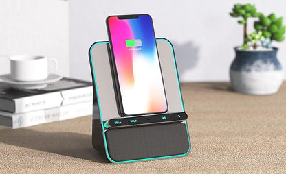Wireless Charging Audio Dock by Azpen with Dual 8 watts Bluetooth Speakers, Upgraded Microphone for Handsfree Call, Wireless Charger for iPhone 15 14 13 12 11 and Samsung S23 S22 S21 S20