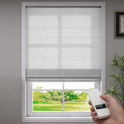 ZSTARR Smart Roman Shades Rechargeable Motorized Blinds with Remote Light Filtering Roman Window Shades Plain Fold Soft for Doors Bedroom, Custom Size (Sheer Gray)