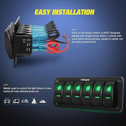 Nilight 6 Gang Rocker Switch Panel 5Pin On Off Toggle Aluminum Holder 12V 24V Dash Pre-Wired Green Backlit Switches for Automotive Cars Marine Boats RVs Truck