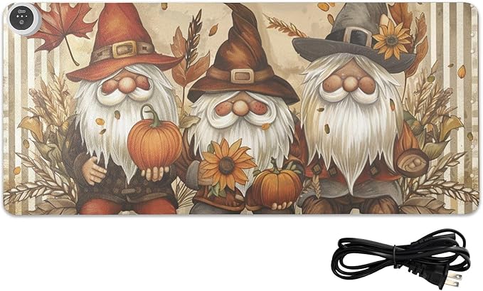 Heated Desk Pad Mouse Pad 31.5x13 Inch PU Leather Desk Mat with 3 Heat Levels Large Mouse Gaming Computer Laptop Mat Gnomes Maple Leaf