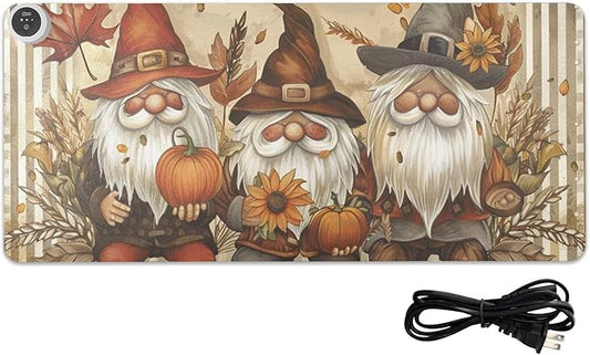 Heated Desk Pad Mouse Pad 31.5x13 Inch PU Leather Desk Mat with 3 Heat Levels Large Mouse Gaming Computer Laptop Mat Gnomes Maple Leaf