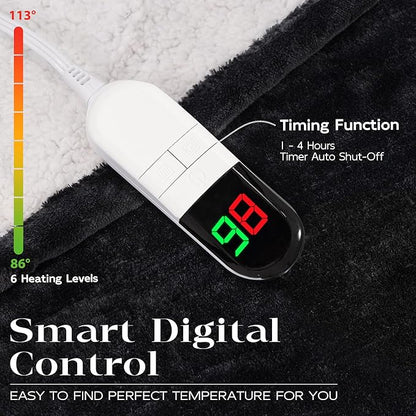 Heated Throw Blanket 50"×60" - Premium Cosy Soft Electric Blanket with 6 Heating Levels,Fast Heating Flannel Sherpa Blanket for Bed & Couch - Auto Shut Off/Machine Washable (Black)