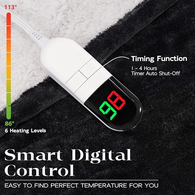 Heated Blanket Twin 62"×84" - Premium Cosy Soft Electric Blanket with 6 Heating Levels,Fast Heating Flannel Sherpa Machine Washable Blanket for Bed & Couch - Auto Shut Off (Black)