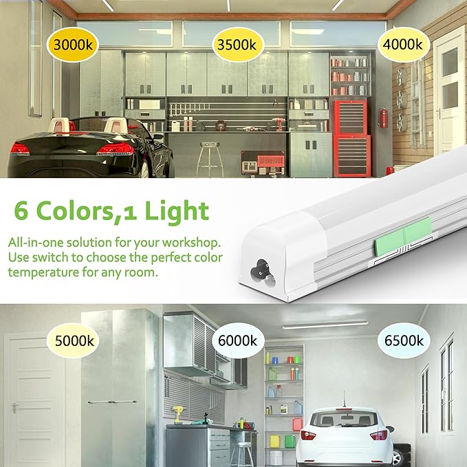 6 Pack Dimmable 4FT Led Shop Lights,30W T8 Integrated LED Tube Light,3000-6500K Tunable,4500LM W Frosted Cover,High Output,Linkable,Plug and Play Lights for Workshop,Garage,Basement,Barn