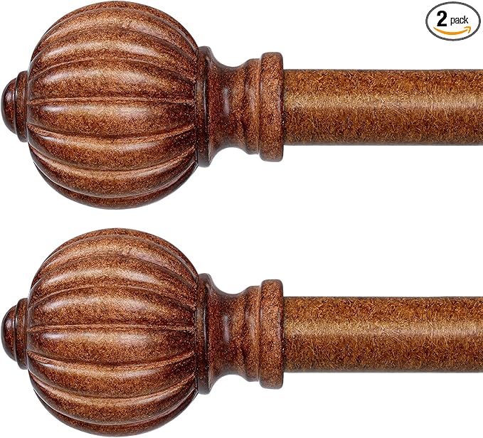 2 Pack Dark Brown Wood Curtain Rods for Windows 28 to 48 Inch, 1'' Adjustable Heavy Duty Curtain Rod，Vintage Imitation Wood Decorative Drapery Rods with Pumpkin Finials for Bedroom Living Room