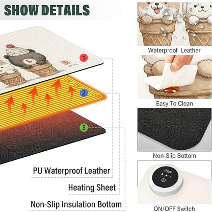 Large Heated Mouse Pad,Leather Desk Mat,31.5"x13",Hand Warmer Pads for Desk,Bunny（Off-White）
