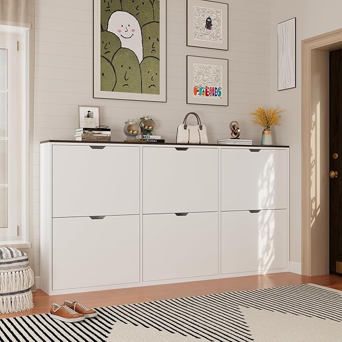 70.9" W Large Shoe Storage Cabinet with 6 Flip Drawers, White Shoe Organizer Cabinet for Up to 36 Pairs, Narrow Shoe Cabinet for Entryway, Hallway, Living Room