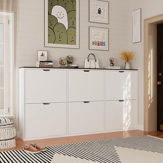70.9" W Large Shoe Storage Cabinet with 6 Flip Drawers, White Shoe Organizer Cabinet for Up to 36 Pairs, Narrow Shoe Cabinet for Entryway, Hallway, Living Room