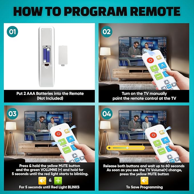 Plus Big Button Universal TV Remote (White) Simple Easy to Use, Works with Major TV Brands (2xAAA Batteries Not Included)