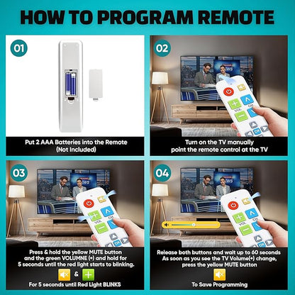 Plus Big Button Universal TV Remote (White) Simple Easy to Use, Works with Major TV Brands (2xAAA Batteries Not Included)