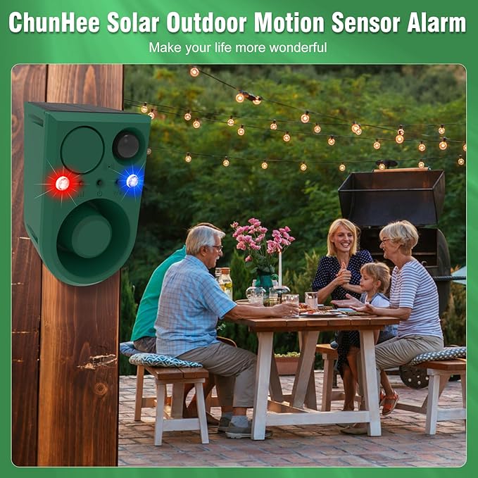ChunHee Solar Outdoor Motion Sensor Alarm with Dog Barking Alarm Sound, Support Recording and Adjustable Volume, 129db Loud Noise Maker 4 Work Modes Strobe Light for Home, Villa, Farm, Barn (1pack)