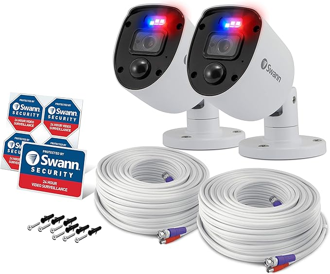 Swann Security outdoor 1080p Full HD Flashing Lights Bullet Analogue CCTV Camera - 2 Pack, White, Motion Only