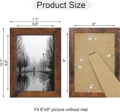 iRahmen 6x9 Picture Frame Set of 4, High Definition Real Glass Rustic Frame, 6 x 9 Wood Photo Frames for Tabletop Display and Wall Mounting