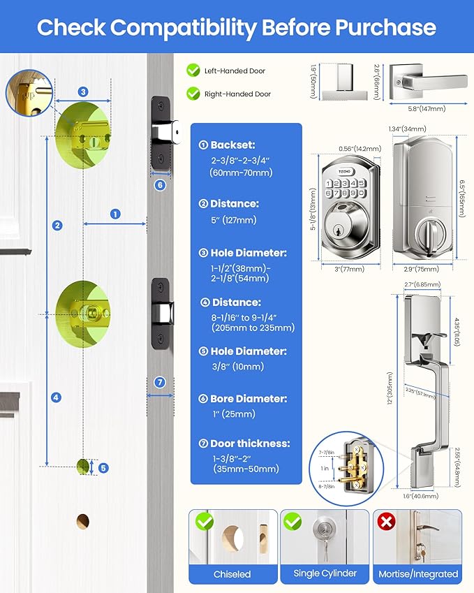TEEHO TE012W-H WiFi Smart Door Lock with Handle, Fingerprint, Keypad, Key & App Control, Keyless Entry Deadbolt Set, Compatible with Alexa & Google Assistant, Easy Install for Front Door, Satin Nickel