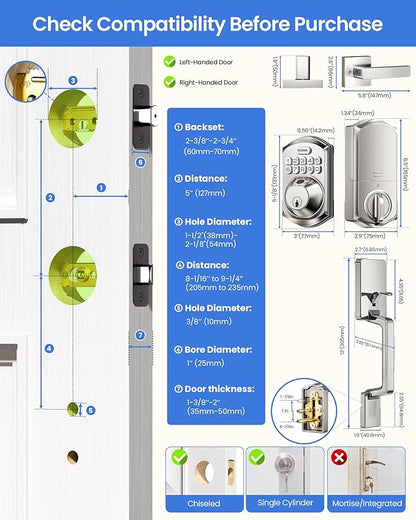 TEEHO TE012W-H WiFi Smart Door Lock with Handle, Fingerprint, Keypad, Key & App Control, Keyless Entry Deadbolt Set, Compatible with Alexa & Google Assistant, Easy Install for Front Door, Satin Nickel