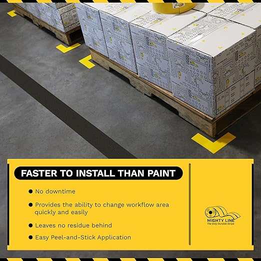 Mighty Line Anti-Slip Caution Floor Marking Tape for Safety, Warning, Heavy-Duty, Peel and Stick, Adhesive, Industrial Quality, 4" Yellow with Black Chevrons, 60' Roll