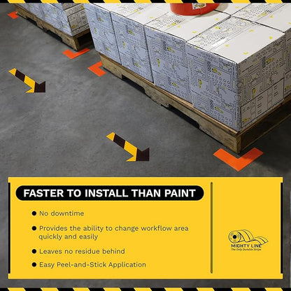 Mighty Line Solid Arrows Directional Sticker Sign Floor Marking Tape for Safety, Caution, Warning, Heavy-Duty, Peel and Stick Adhesive, Industrial Quality, Yellow and Black Chevron, 10"x6", 50 Pack