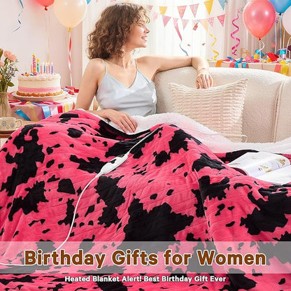 Cow Print Heated Electric Blanket Throw,50X60 Pink Heating Blanket with 10 Heats Levels & 8 Hours Auto Off,Highland Cow Decor Stuff Fleece Sherpa Blankets Warmer Gifts for Women Adults Washable