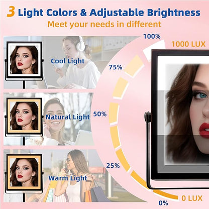 Ruacq Rechargeable Makeup Mirror, 4000mAh Lighted Makeup Mirror with Magnification 1X/10X, Height Adjustable Vanity Mirror with Lights, 3 Color Lights, Adjustable Brightness, (Oil Rubbed Bronze)