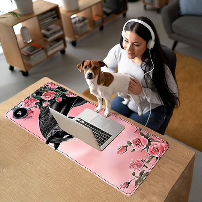 Heated Mouse Pad with 3 Temperature Settings(104°F–122°F),Large 31.5x13 Inch PU Leather Heated Desk Mat,Waterproof Warming Pad for Office,Gaming & Cold Hands Relief,Pink Rose Black Horse