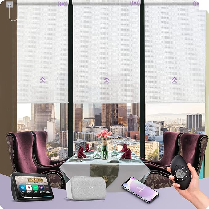 Graywind Motorized Solar Shades Compatible with Alexa Google Hardwired WiFi Smart Light Filtering Blind Remote Control Automated Blinds Electric Window Shade, Custom Size (5% Openness White)