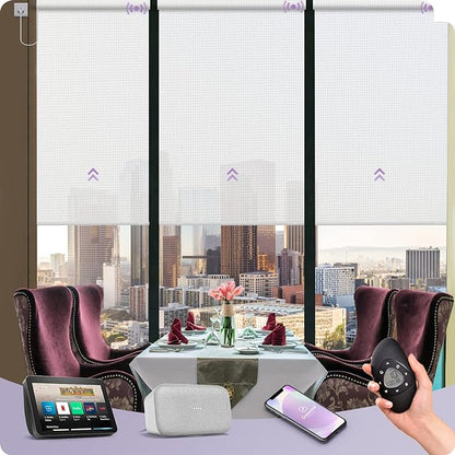 Graywind Motorized Solar Shades Compatible with Alexa Google Hardwired WiFi Smart Light Filtering Blind Remote Control Automated Blinds Electric Window Shade, Custom Size (5% Openness White)