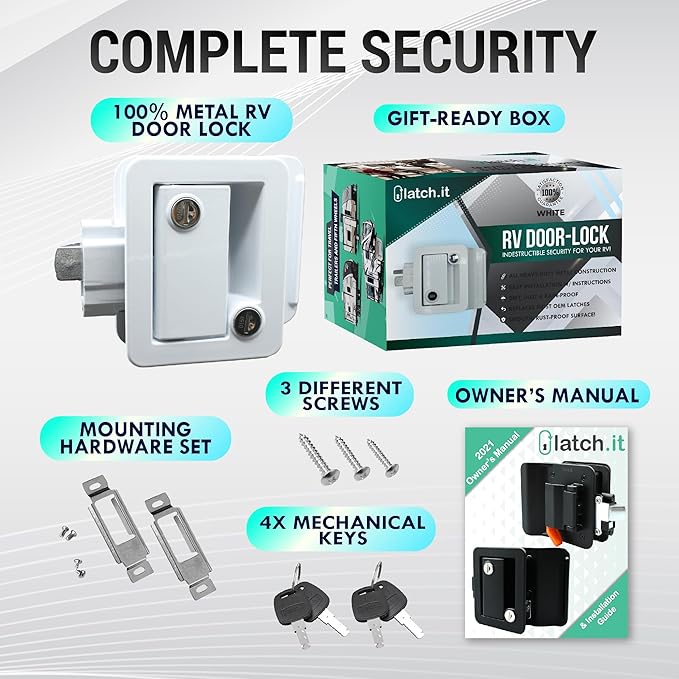 LATCH.IT White RV Door Lock Replacement | All Metal RV Door Handle Fits 2.75"x3.75" Holes | Trailer Door Latch with 4 Keys Included | RV Door Latch for Trailer, Camper, Fifth Wheel and More!