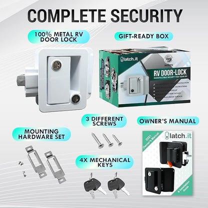 LATCH.IT White RV Door Latch | 2 Keyed Alike RV Door Locks for Travel Trailers | 100% Metal Camper Door Lock w/ 4 Keys | Easy-to-Install & Fits Most!