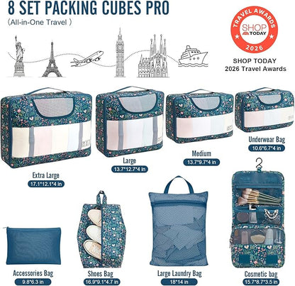 Veken 8 Set Packing Cubes for Travel Essentials, Suitcase Organizer Bags in 4 Sizes, Carry-On Luggage Accessories with Large Laundry & Hanging Toiletry Bag, Must-Have for Airplane, Road Trip & Camping