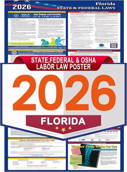 2026 Florida State and Federal Labor Laws Poster,OSHA Workplace Compliant,English Employment Poster,All in One Required Compliance Posting 17" x 40"