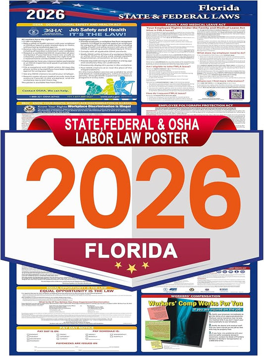 2026 Florida State and Federal Labor Laws Poster,OSHA Workplace Compliant,English Employment Poster,All in One Required Compliance Posting 17" x 40"