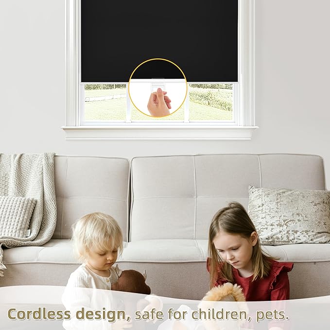 ChrisDowa Cordless Blackout Roller Shades for Windows, Thermal Insulated UV Protection Pull Down Shades, Total Blackout Window Blinds for Home, Office, Bedroom, Door (58" W x 72" H, Black)