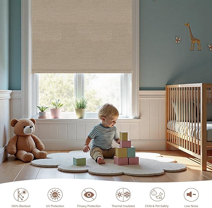 Motorized Roller Blinds with Remote, 100% Blackout Automatic Roller Shades for Bedroom, Bathroom, and Living Room, Customized Size, Coffee Beige