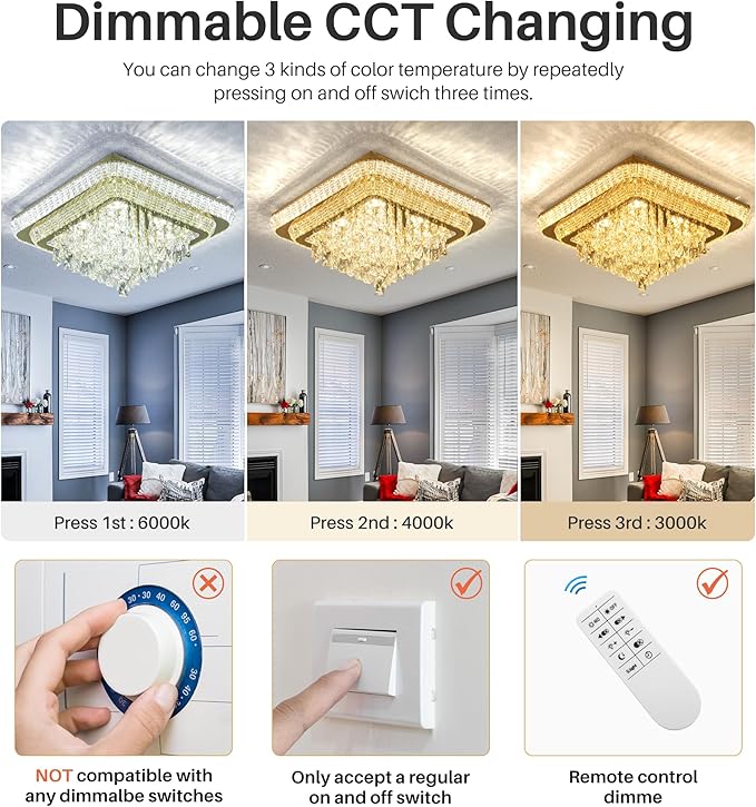 Elegant LED Gold Crystal Raindrop Ceiling Light,24 Inch Square Flush Mount Chandelier with Remote for Living Room Kitchen Island Bedroom Hallway Entryway Foyer (Dimmable)