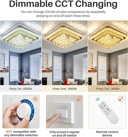 Elegant LED Gold Crystal Raindrop Ceiling Light,24 Inch Square Flush Mount Chandelier with Remote for Living Room Kitchen Island Bedroom Hallway Entryway Foyer (Dimmable)