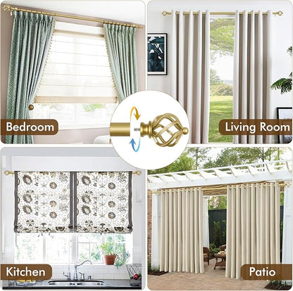 KAMANINA Curtain Rods for Windows 66 to 120 Inch, 3/4 Inch Gold Curtain Rod 32 to 115 Inches (2.6-9.6ft) Splicing Adjustable Single Drapery Rod with Twisted Cage End