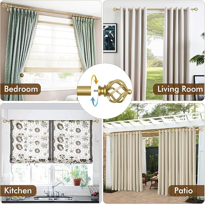 KAMANINA Gold Curtain Rods for Windows 48 to 84 Inch, Adjustable Single Curtain Rod 32 to 86 Inch(2.6-7.1ft), 3/4 Inch Splicing Drapery Rods with Twisted Cage Finial