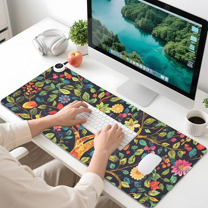 Heated Desk Pad Mouse Pad 31.5x13 Inch PU Leather Desk Mat with 3 Heat Levels Large Mouse Gaming Computer Laptop Mat Tree of Life Floral Leaves Black