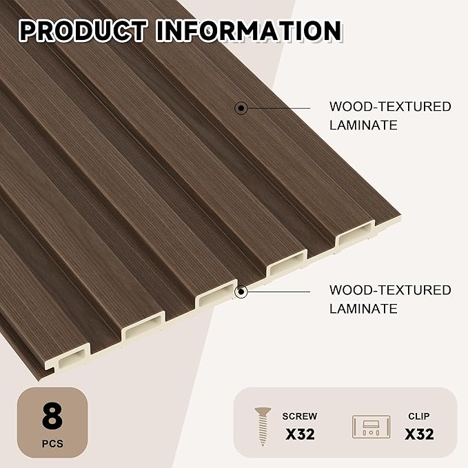 WPC Slat Wall Paneling, 8-Pack 3D WPC Wood Wall Panels, Acoustic Wall Panels for Interior Wall Decor, Living Room, Bedroom, Walnut, 95 x 6 in