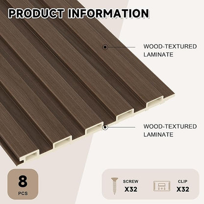 WPC Slat Wall Paneling, 8-Pack 3D WPC Wood Wall Panels, Acoustic Wall Panels for Interior Wall Decor, Living Room, Bedroom, Walnut, 95 x 6 in