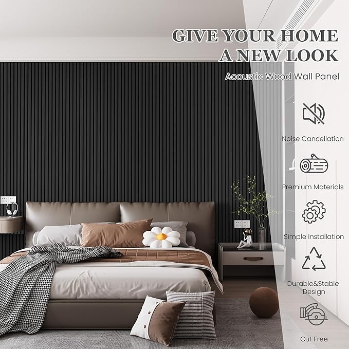 Wood Salt Acoustic Wall Panels, 2 Piece 94" x 23.6" x 0.8" Soundproof Wooden Wall Panels, 3D Fluted Sound Absorbing Panel, Dark Gray