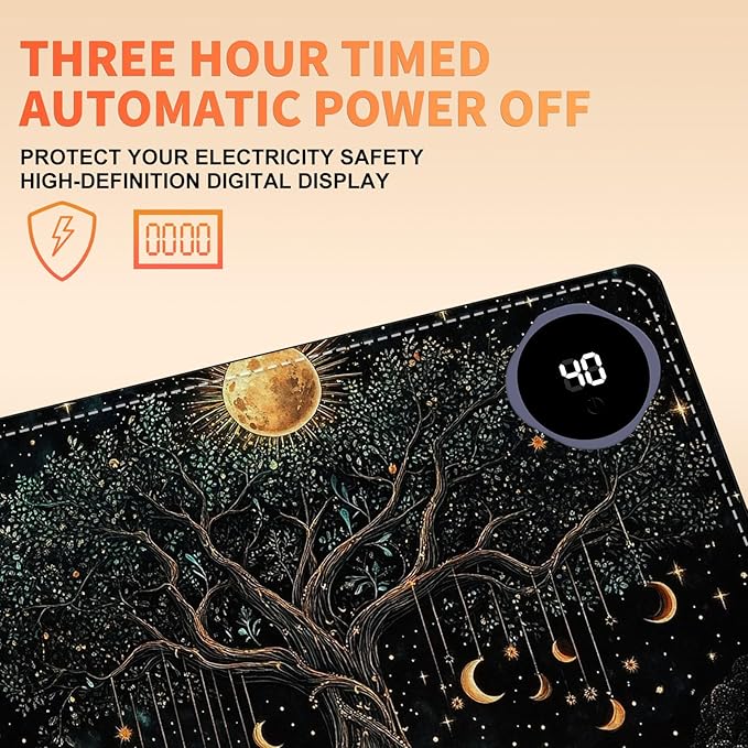 Heated Mouse Pad 23.6 x 14 in 3-Temp Fast Heating Desk Mat with Auto Timer Warmer for Hands Wrist Pain Relief Waterproof Keyboard Mat for Office, Gaming, Home, Moonlit Tree Art
