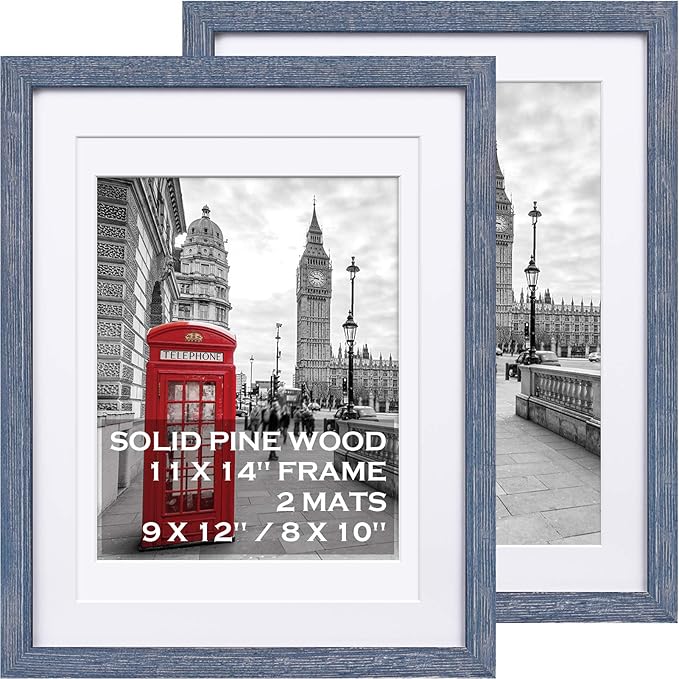 Tiblue 11x14 Picture Frame, Distressed Rustic Blue Solid Wood, 2 Packs with 4 Mats, 8.5”x10.5”/7.5”x9.5” Opening, HD Plexiglass, Wall Mount & Tabletop, Unisex Adult