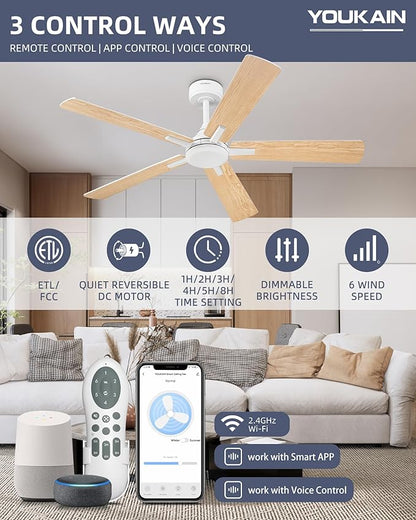 YOUKAIN Ceiling Fan No Light, 52 Inch White Ceiling Fans, Smart Ceiling Fans with Remote & APP Control, Reversible Blades, Cover Outdoor Ceiling Fan for Living room, Bedroom, 52-YJ812-WH-NL