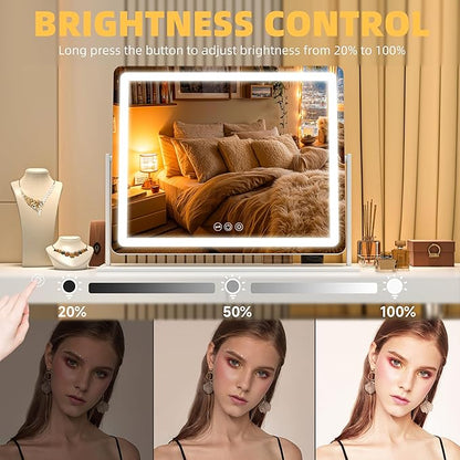 Vanity Mirror with Lights, 23.6'' x 20'' Lighted Makeup Mirror, Touch Screen with 3-Color Lighting, Dimmable for Vanity Desk Tabletop Round White