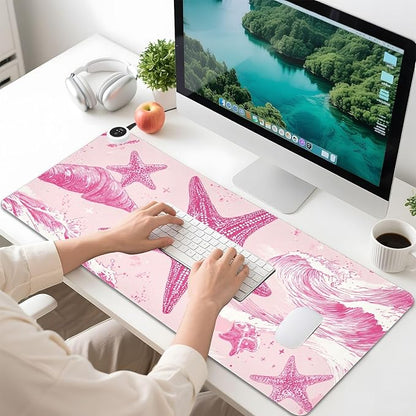 Heated Desk Pad Mouse Pad 31.5x13 Inch PU Leather Desk Mat with 3 Heat Levels Large Mouse Gaming Computer Laptop Mat Bright Pink Starfish Waves Shells